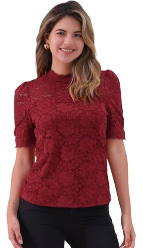 Allegra K Damtopp med blommig spets ståkrage puffärmar kortärmad elegant spetsblus topp skjorta, Mörkröd, L