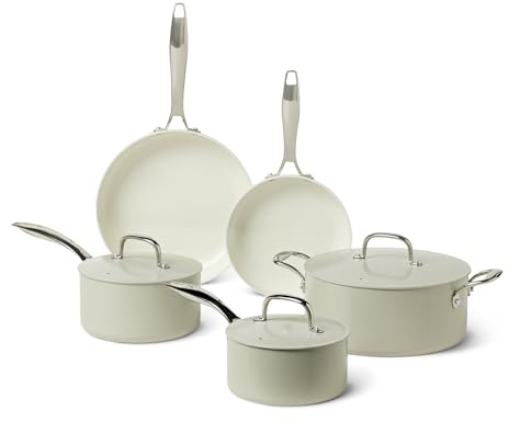 Amazon Basics Pentole e Padelle Antiaderenti in Ceramica, Set di 8 Pezzi, Lavabili in Lavastoviglie e Adatte al Forno, Adatte a Tutti i Piani Cottura, Grigio Lino