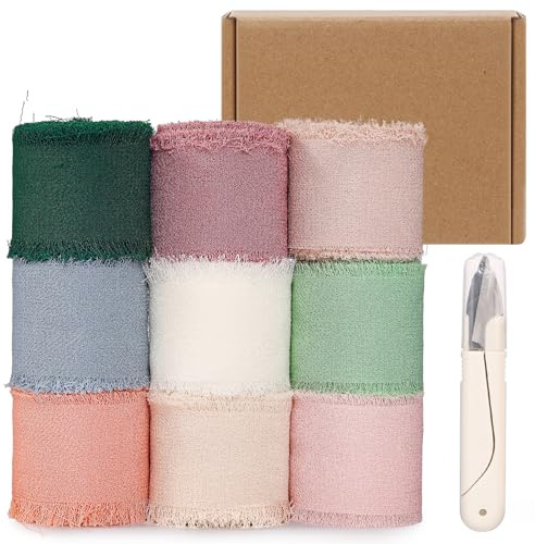 Cofvetia Cinta de Gasa de Seda, con Tijeras, 2,5 cm x 24,9 m Cinta de Regalo de Gasa de Boda Cinta de Tela para Invitaciones de Boda, Ramos de Novia, Regalos, Envoltorios, Bricolaje (9 Colores)