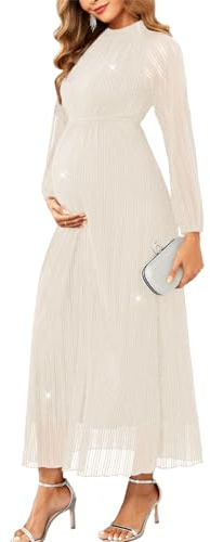 CYCLAMEN Formal Maternity Dress Sparkly Halter Neck A-Line Maxi Gown Baby Shower Pregnancy Photoshoot Wedding Guests, Off-White, M