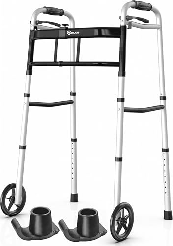 Folding Walking Frame with Wheels, Lightweight Aluminium Zimmer Frame, Height Adjustable Walker for Elderly & Disabled, Stable Frame up to 160kg (Black 2 Layer)