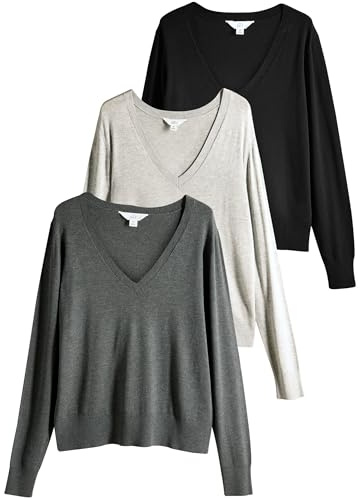 THE SET Femme Pull en Maille Fine à col V, Lot de 3 Black/Charcoal Grey/Grey Marl M