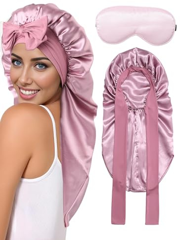 SECRET AROMA Gorro Largo para Dormir de Doble Capa, elástico, de Seda, con Antifaz, para Mujeres con Cabello Rizado