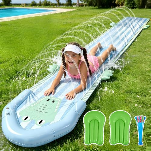Tobogan Agua Deslizante Niños, SGZIOO Tobogán de Agua 550 cm, Pista Deslizante Agua con Rociador y 2 Tablas Inflables, Tobogán Acuático para Fiesta de Verano, Actividades Acuáticas al Aire Libre