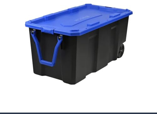 50 Gallon Heavy Duty Rolling Storage Tote with Latching Lid, Black with Blue Lid, Stackable Container with Wheels and Handles, 43x23.3x19.6 Inches