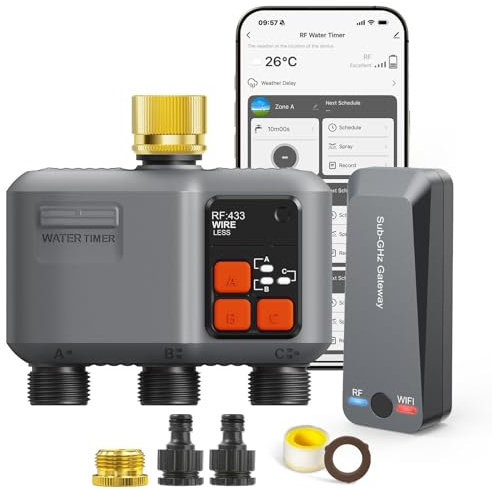 johgee WiFi-bevattningsprogrammator 3 Vägar med mässingsinlopp/RF-teknik 300M, automatisk bevattningstimer med Alexa och Google, och fjärrbevattning