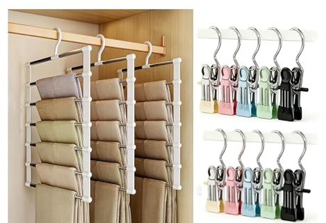 3 Pezzi Grucce Pantaloni Salvaspazio Porta Pantaloni per Armadio, Appendini per Pantaloni da Armadio con 10 Grucce Rotanti 360°, Design Compatto per Risparmiare Spazio, per Pantaloni, Gonne, Cravatte