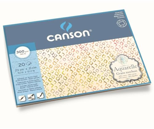 Canson Aquarelle - Blocco per acquerelli, collati 4 lati, 23 x 31 cm, 20 fogli 300g/m2 grana ruvida, Bianco