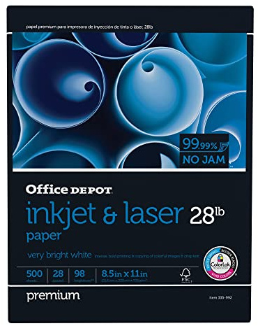 Office Depot® Inkjet And Laser Paper, 1 Ream, White, Letter Size (8 1/2 x 11), Ream Of 500 Sheets, 28 Lb, 98 Brightness