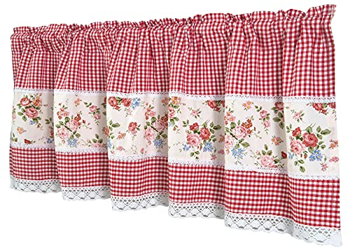 Dreamskull - Tendina da cucina, stile rustico, corta, opaca, con asta, con fiori, pizzo e quadretti, larghezza 150 cm