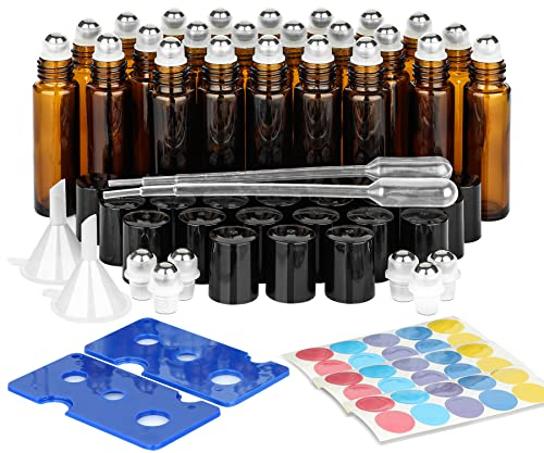 ComSaf 10ml Ätherische Öle Roller Glasflaschen, 24er Set Anti-UV Klein Nachfüllbare Containermit mit Edelstahl-Roller Ball, Trichter, Öffner, Etiketten, Pipetten, für Aromatherapie Gemische
