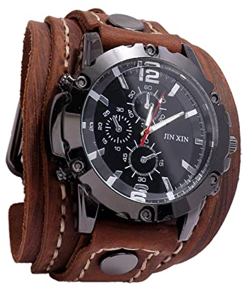 F Fityle Männer Leder Armbanduhr, Retro Punk Breites PU-Lederband, Classic Herrenuhr, Analog Quarzuhr Sport Casual Business für Geburtstagsgeschenk - Brown
