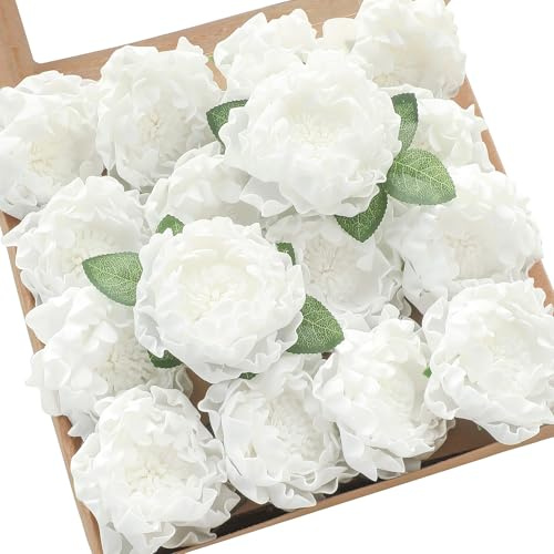 Floroom Artificial Flowers 16pcs 4 White Blooming Peonies Real Looking Foam Fake Peony with Stems for DIY Wedding Bouquets Bridal Shower Centerpieces Floral Arrangements Party Tables Home Decorations