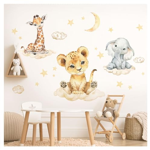 DEKO KINDERZIMMER Wandsticker Safari Tiere mit Wolken Kinderzimmer Wandtattoo Dschungel Löwe Elefant Wandaufkleber Babyzimmer Deko DK1029-4