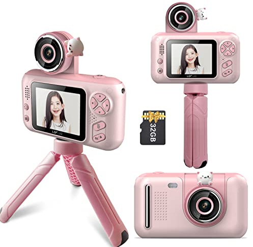 Digitalkamera för barn, Andoer 1080P barnkamera 40MP 2,4 tum IPS-skärm 180 roterande lins med stativ, 32 GB minneskort, present för pojkar och flickor 3 till 12 år, rosa