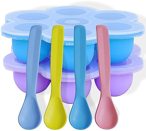 HI NATURE™ Contenitore Alimenti Bambini Silicone con Coperchio | Vassoio Congelatore 7 Scomparti + 4 Cucchiai | BPA Free per Pappe, Frutta, Latte Materno (Blu Viola)