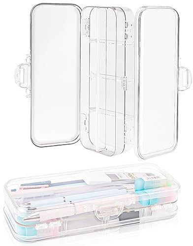 2Pcs Double Deck School Pencils Box, Plastic Capacity Pen Case with Snap Lid, Clear Plastic Stationery Box with 6 Compartments&4 Removable Ruler Dividing for School Supplies Organization (Transparent)