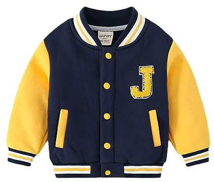 Volunboy Chaqueta de Béisbol para Bebé Niños, Varsity Style R J Abrigo para Otoño-Invierno(Tamaño 120,4-5 años,Amarillo)