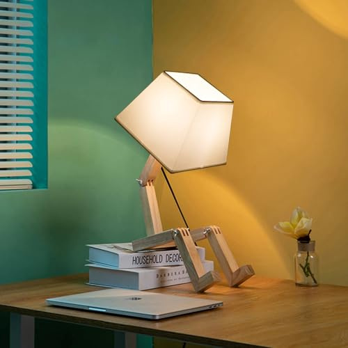 ELINKUME Lampe de Table Robotique Dimmable, Abat-Jour Carré en Bois Massif pour Enfants, Chevet, Bureau, Salon (Cadeau)