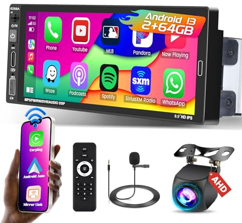 2+64GB Android 13 Autoradio 1 Din Carplay sans Fil Android Auto GPS WiFi, 6,9 Pouces Poste Radio Voiture Bluetooth Écran Tactile avec EQ FM RDS + Caméra de Recul