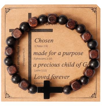 Eigso Pulseras cristianas de eslabones cruzados para hombre, cuentas de madera mala, hechas a mano, pulseras de oración para hombre y mujer, 7.28 inches / 18.5 cm, Madera, No es una piedra preciosa