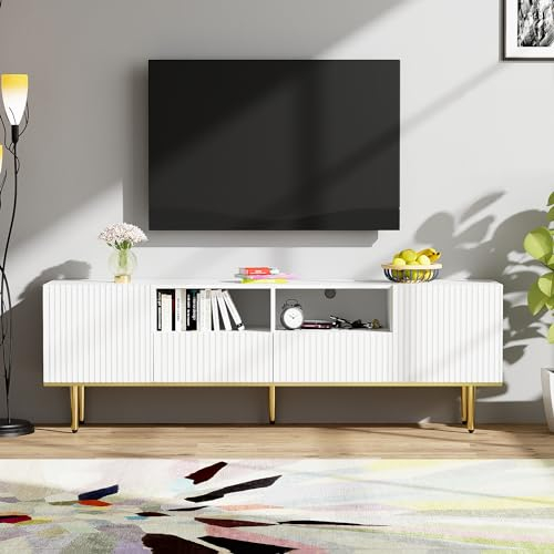 Rtopsu TV-Schrank, Fernsehtisch Lowboard für Fernseher bis zu 65 Zoll, TV-Regal mit 2 Türen und 2 Stauraum Schubladen Regal für Wohnzimmer Esszimmer Schlafzimmer, 165x36x55 cm, Weiß