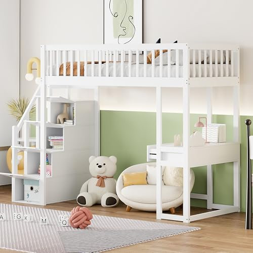 WIZBED Hochbett mit Schreibtisch und Stauraum Treppe 90x200, Etagenbett mit Lattenrost & Rausfallschutz, Kinderbett Bettgestell Einzelbett Funktionsbett,Weiß,ohne Matratze