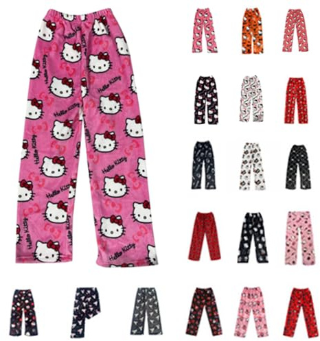 Chnnamzu Pantalon Pyjama Femme Flanelle Bas de Pyjamas Filles Polaire Chaud et Doux Confort Cartoon Chat Anime Imprimé Kawaii Mode Décontracté Maison Lounge Pantalons pour Femmes Automne et Hiver