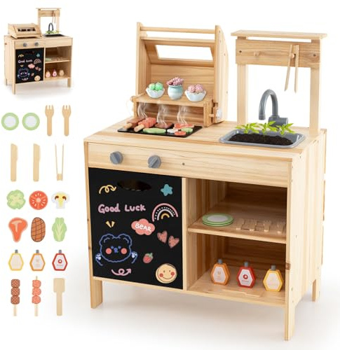 HOMASIS Cocina de Barro Exterior, Juego Infantil con Barbacoa, Parrilla, Mesa, Fregadero, con 27 Accesorios, Cocina de Juguete de Madera de Abeto, para niños de 3+ años, 69x40x90cm, Natural