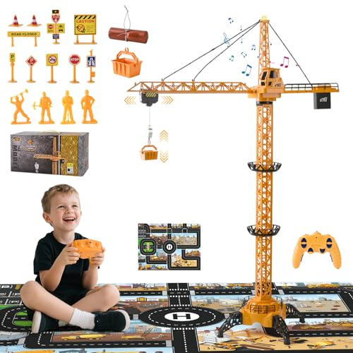 LTFIOON Ferngesteuerter Turmkran 128 cm RC Kran Spielzeug mit 2,4 GHz Fernbedienung, 6 Kanälen & 680° Drehung, Elektrischer Baukran mit Licht und Sound für Kinder ab 3 Jahren