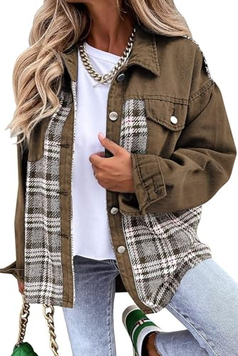 TANMESSO Överdimensionerad denim shacket för kvinnor långärmad button-down rutig jeansjacka med fickor