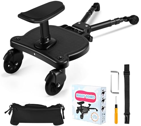 Joycushy Buggy Board with Seat and Pram Bag, Universal 2-in-1 Sit and Stand Buggy Board for Over 99% of Prams, Kiddy Board for Toddlers from 2-6 Years Children, Load Capacity 25 Kg