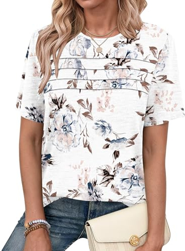 PLMOKEN Tee Shirt Femme Haut Ete Chic et Elegant Manches Courtes Tshirt Top | Blouse col rond, plis sur la poitrine, polyvalent au quotidien