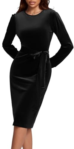 ORANDESIGNE Vestido Terciopelo Mujer hasta la Rodilla Elegante Invierno Vestido Fiesta Manga Larga Bodycon Vestidos Cuello Redondo Vestidos Cóctel con Cinturón A Negro XS