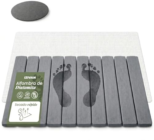 IZIVAN Alfombra de Baño de Diatomita Plegable 60x39 cm - Alfombrilla de Tierra de Diatomeas Antideslizante y Secado Rápido - Piedra Absorbente para Ducha, Cocina y Mascotas - Incluye Lija y Malla