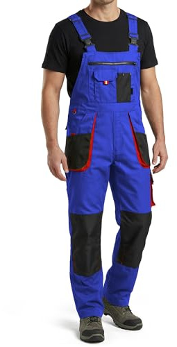 Stenso Emerton - Pantalones con Peto de Trabajo para Hombre - Resistentes - Azul Real/Negro/Rojo - 48