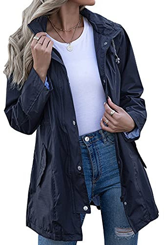 Kikibell Lined Windbreaker Anorak Jacket Waterproof Quick-Drying Hiking Outwear Women Rain Jacket Dark Navy Blue S