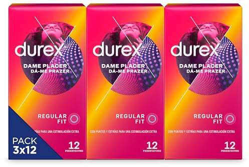 Durex Preservativos Dame Placer, Con Puntos y Estrías, Extra Lubricados,Forma Easy-On, 36 condones