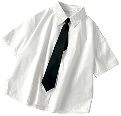 Chemise blanche pour femme avec nœud Style Preppy Étudiant Simple Solide Haut d'été décontracté quotidien, Blanc avec cravate, L