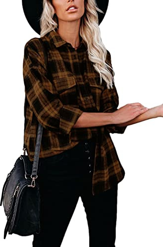 Megfie Chemise à Carreaux en Flanelle Douce boutonnée à Manches Longues pour Femme
