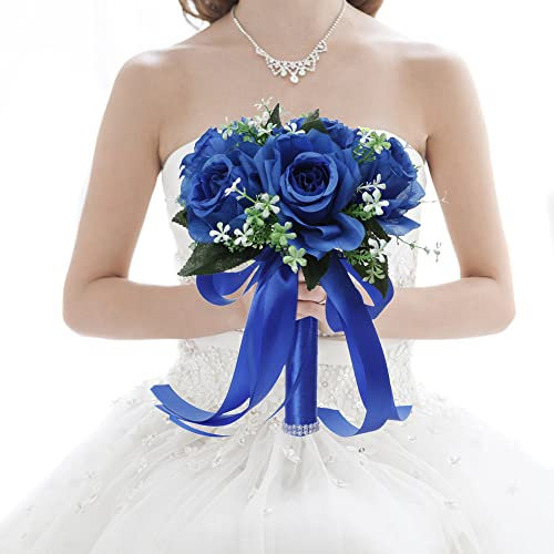URFEDA Bouquets de Mariage, Rose Artificielle Bouquet de Mariée, Rose en Soie Faux Bouquet de Fleurs, pour Mariage Maison Fête Décoration, Centre de Table, Arrangements Floraux, Bleu