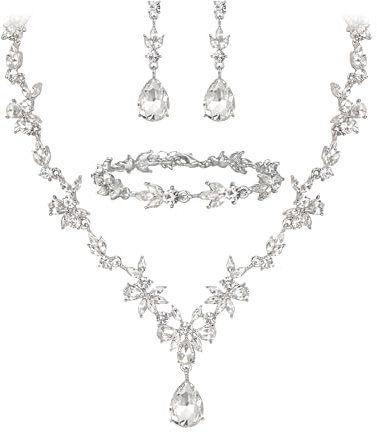 BriLove Wedding Jewelry Set for Women Bride, Y-Necklace Tennis Bracelet Dangle Earrings Crystal Teardrop Marquise Cluster for Bridal Bridesmaid Clear Silver-Tone