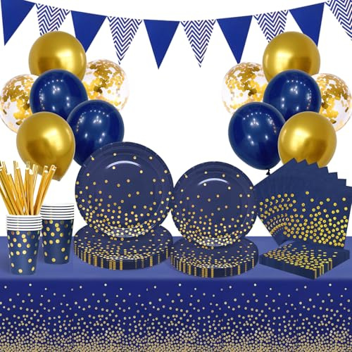 GOLDNICE Vaisselle Anniversaire Bleu et Or, Kit Vaisselle Assiettes de Fête Decoration avec Ballons, Nappe, Gobelets, Papier Serviettes, Pailles, pour Mariage, Baby Shower Enfant, Noël, EID Deco