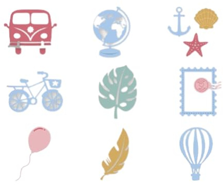 Craftelier - Set de 9 Troqueles Mini de Temática Tiempo Libre | Incluye Troqueles de Furgoneta, Globo Terráqueo, Objetos Marinos, Bicicleta, Sello Postal, Monstera, Globo, Pluma y Globo Aerostático
