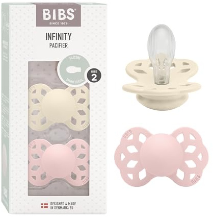 BIBS Infinity Symmetrical Soother 2-Pack, BPA Free, Symmetrical Nipple, Silicone, Symmetrical Nipple. Silicone, Made in Denmark, Size 2 (6-18 Months), Ivory/Blossom