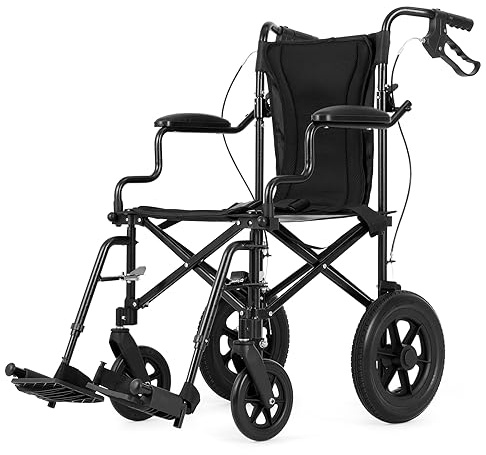 Medwarm Ultralight Transport Wheelchair for Adults & Kids, Weights only 22lbs, Folding Travel Wheelchair with Handbrakes, Detachable Footrests, Swing Away Armrests and 12 Rear Wheels, Black