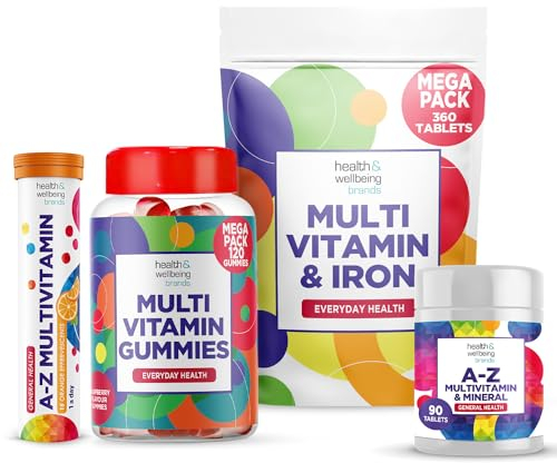 Multivitamin Bundle- A-Z Multivitamin 90 Tablets, Multivitamin & Iron 360 Tablets, A-Z Orange Flavour Effervescent (15 Tablets), 120 Multivitamin Gummies- Raspberry Flavour by MultiZest