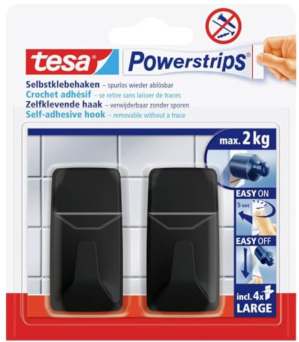 tesa Powerstrips Haken, rechteckig, schwarz, 2er-Set