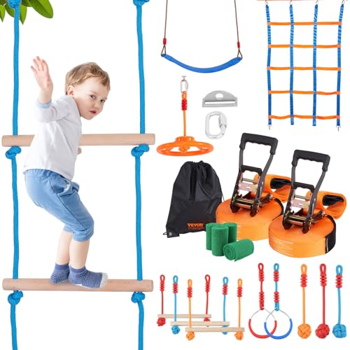 VEVOR Ninja Slackline Hindernisse Set 2 x 17 m Slacklines, 226,8 kg Tragkraft Ninja Hinderniskurs, Outdoor-Spielset-Ausrüstung, Hinterhofspielzeug-Trainingsausrüstungsset mit 12 Hindernissen