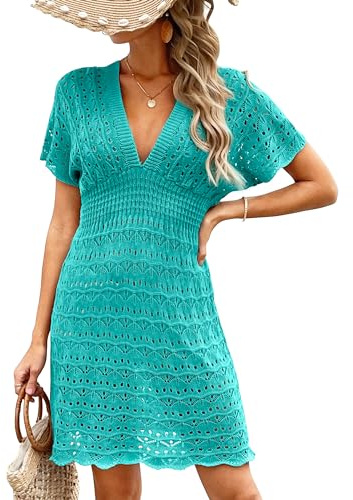 Desol Vestido de baño de ganchillo para mujer, cuello en V, manga corta, de punto, hueco, vestido de playa para traje de baño